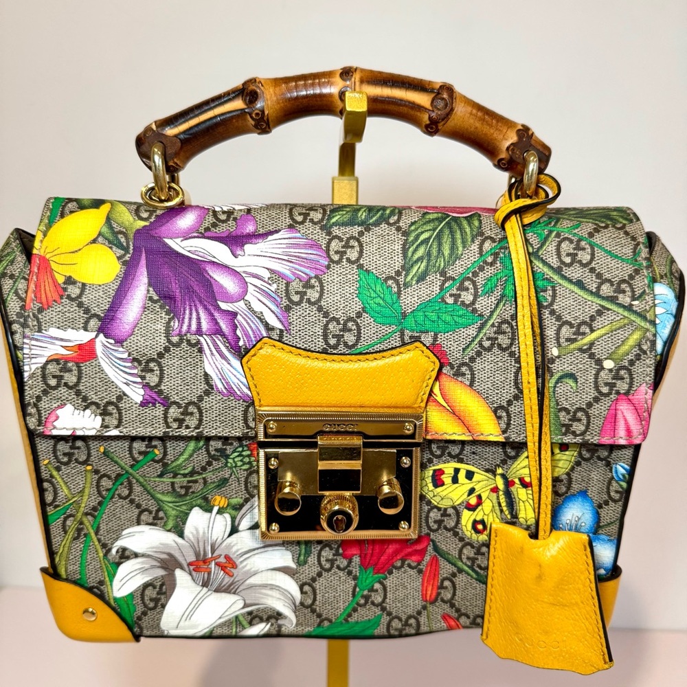 Gucci GG Supreme Monogram Logo Flora Yellow Small Padlock Bamboo Bag W Crossbody - Picture 4 of 16